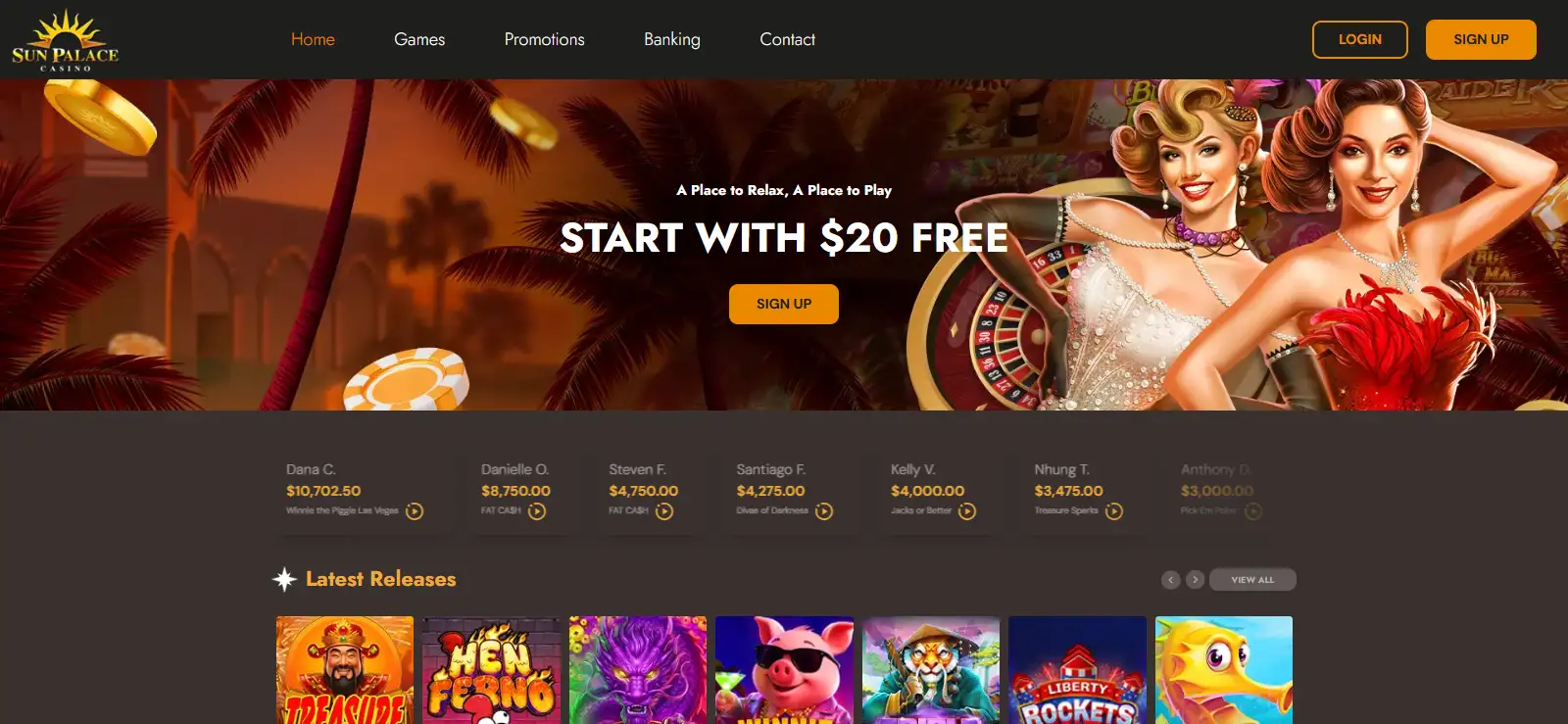 Sun Palace Casino homepage showing the main navigation and casino interface